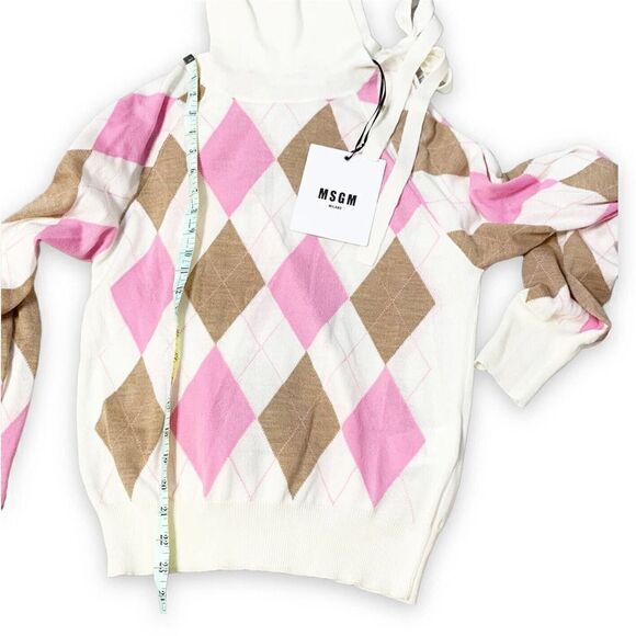 MSGM Argyle Checked The Finicky Filly Pullover Wool Cut Out Sleeve Sweater M NEW - Picture 7 of 11